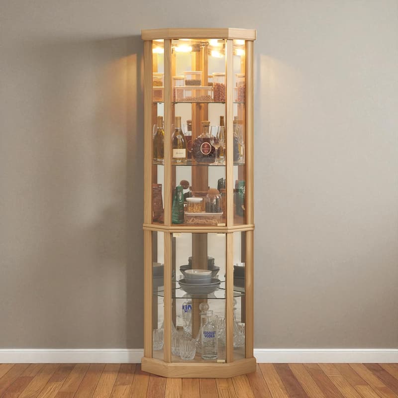 Lighted Corner Curio Cabinet with Glass Doors, Adjustable Shelves & Mirrored Back, Elegant Display Case for Wine