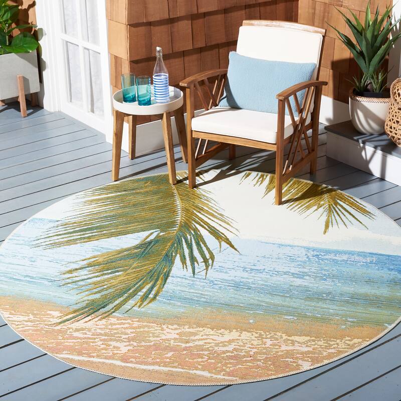SAFAVIEH Barbados Terumi Tropical Indoor/ Outdoor Waterproof Patio Backyard Rug - 5'3" Round - Gold/Blue