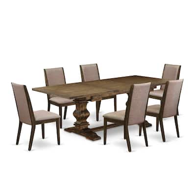7-Piece Dining Set - Linen Fabric Chairs & Distressed Table - Modern Dining Room Furniture Set - 92