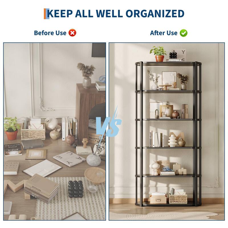 71 Inch Tall Bookshelf, 6 Tier Industrial Bookcase with Heavy Duty Metal Frame, Slim Farmhouse Storage Shelves