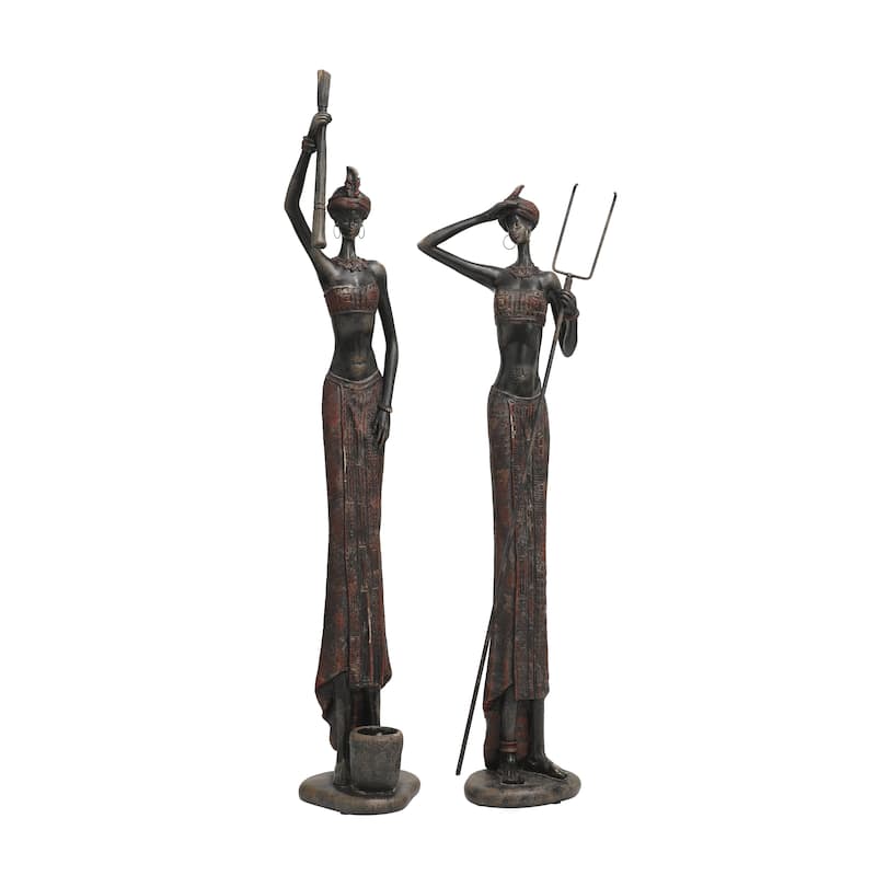 Polystone People Handmade Tall African Women Decorative Sculpture with Carved Dresswear - Set of 2 Red - Roche River Decor - Red