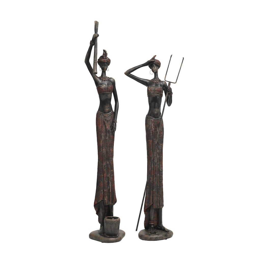 Polystone People Handmade Tall African Women Decorative Sculpture with Carved Dresswear - Set of 2 Red - Roche River Decor