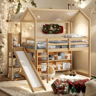 Twin Wood House Loft bed with Slide, Storage shelves and Light, Natural