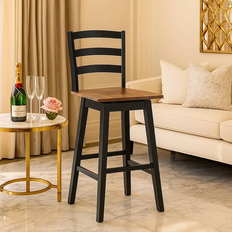 Fleur Swivel Barstool Chair Set of 2, Butcher Block Seat, Black Frame