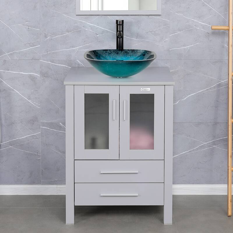 Eclife 24" Bathroom Vanity Gray Set Glass/ Ceramic Vessel Sink Cabinet Faucet Drain Combo Free Standing - turquoise square sink