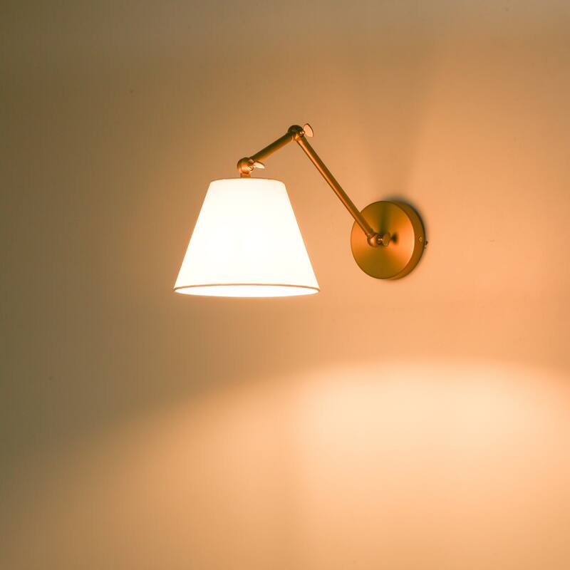 1-Light Modern Brushed Gold Adjustable Swing Arm Wall Sconce with Cone Fabric Shade for Bedroom, Study