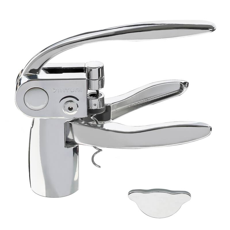 Traditional Wine Lever Opener with Replacement Screw and Foil Cutter, Chrome Finish, Die Cast Construction