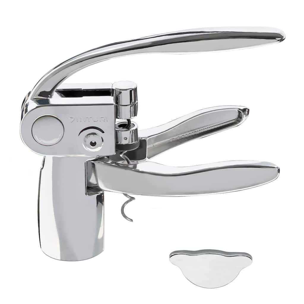 Traditional Wine Lever Opener with Replacement Screw and Foil Cutter, Chrome Finish, Die Cast Construction