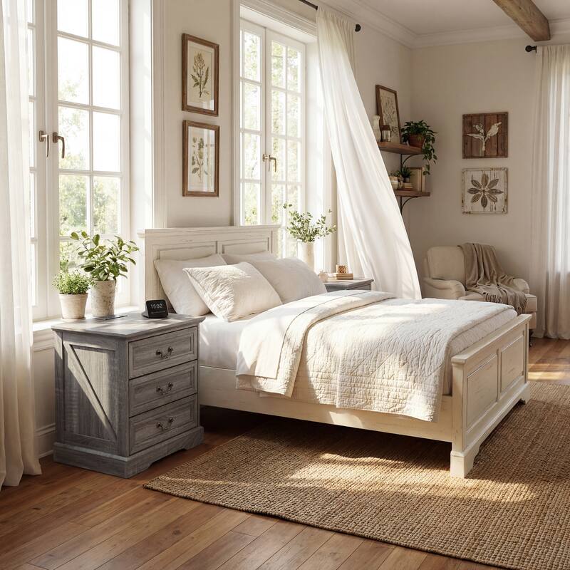 Farmhouse Nightstand with Charging Station, 3 Drawer Bedside Table with 2 AC Outlets & 2 USB Ports, Rustic Wood End Table