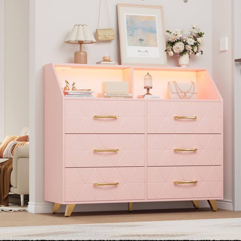 6 Drawer Dresser with Charging Station and Storage Shelf, 47" Wide Modern Wooden Chest for Bedroom