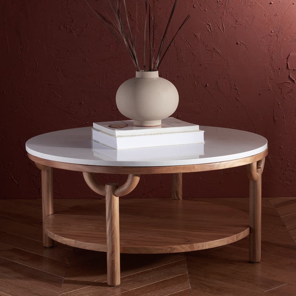 SAFAVIEH Couture Aive 2-Tier Marble Top Round Coffee Table - 35 In. W x 35 In. D x 17 In. H - 35"W x 35"D x 17"H