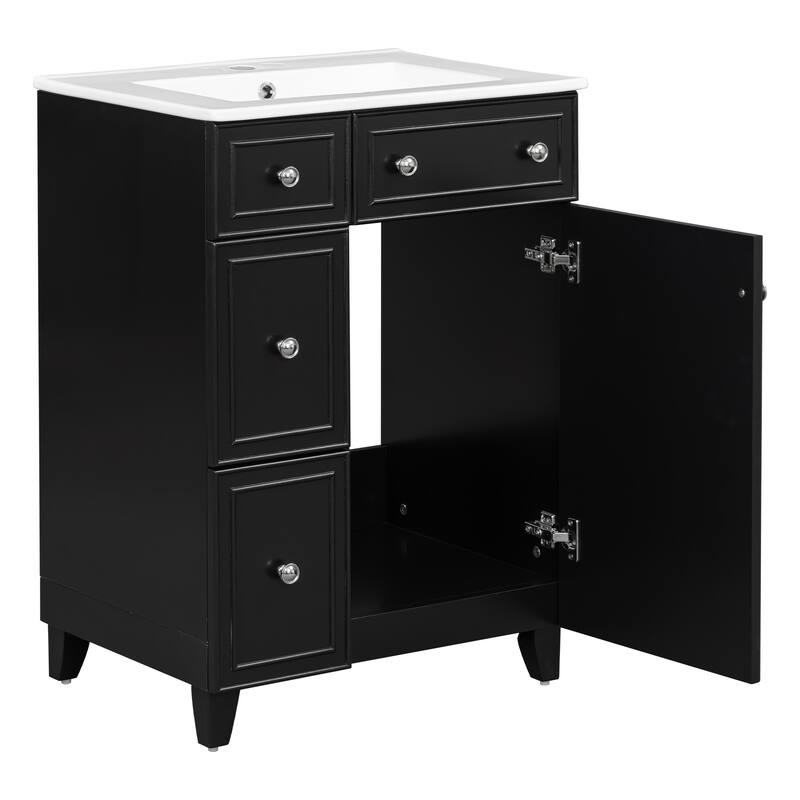24" Bathroom Vanity Cabinet with Ceramic Sink & 2 Drawers, Bathroom Storage Cabinet Free-standing Single Sink Cabinet, Black
