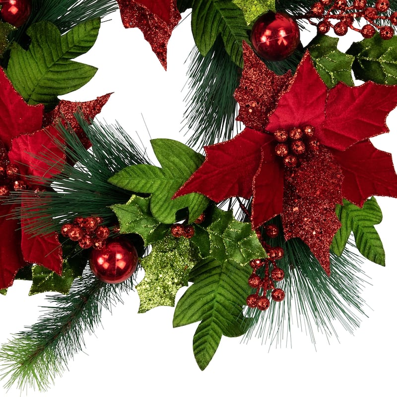 24" Glittered Red Poinsettia and Long Pine Christmas Wreath, Unlit