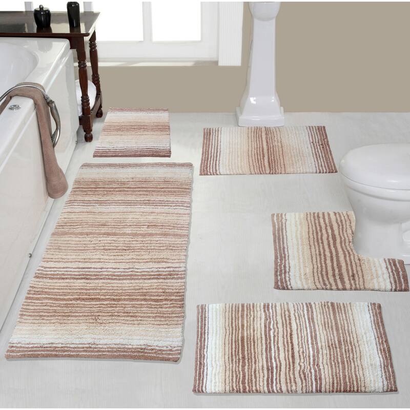 Gradiation Rug Collection 100% Cotton Non-Slip Bathroom Rug Set, Machine Washable Bath Rug, 5 Piece Bath Mat Set with Contour - Beige