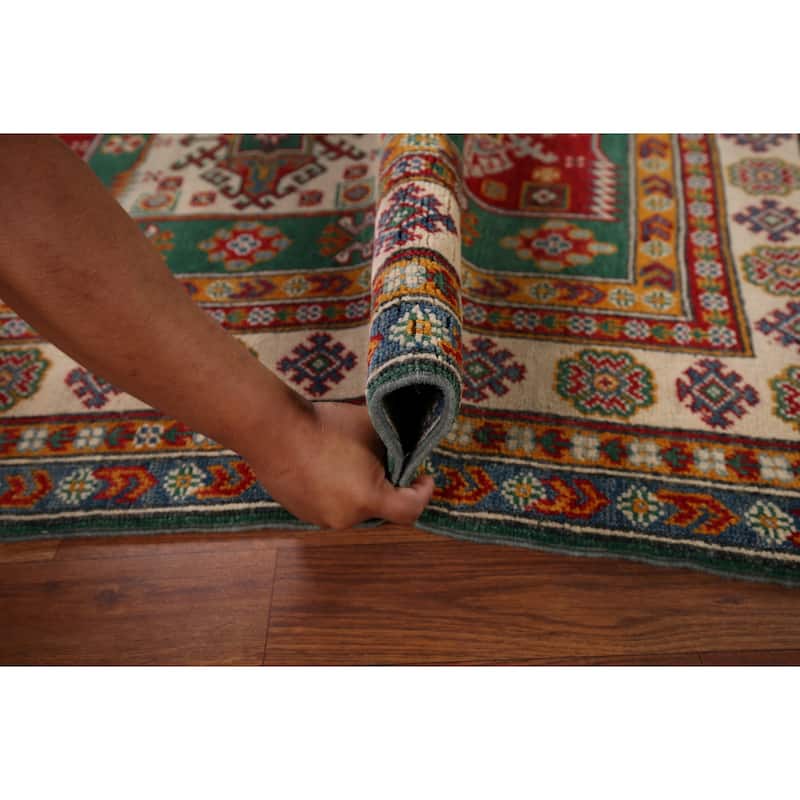 Green Geometric Kazak Oriental Area Rug Handmade Wool Carpet - 3'11" x 5'9"