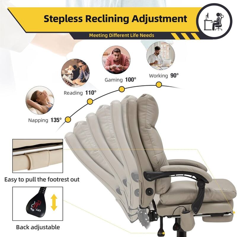 4/6-Point Massage Office Chair, Ergonomic Reclining Desk Chair, Retractable Footrest & Adjustable Armrests, Multiple options