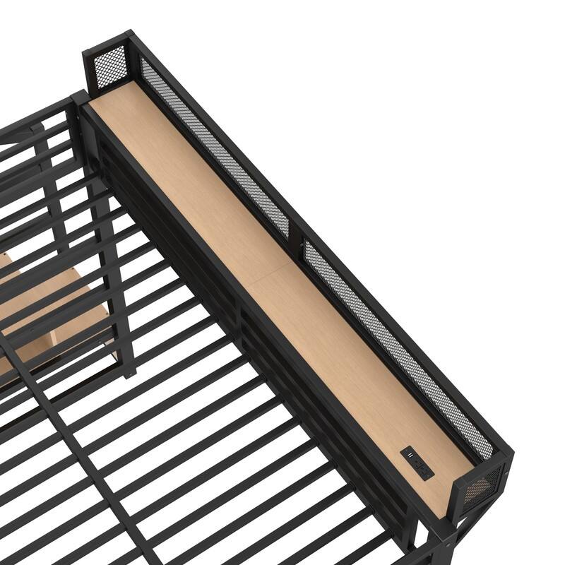 Queen Size Loft Bed with Storage Staircase & Open Wardrobe, Metal Kids Teens Bed Frame with Charging Station & LED Light