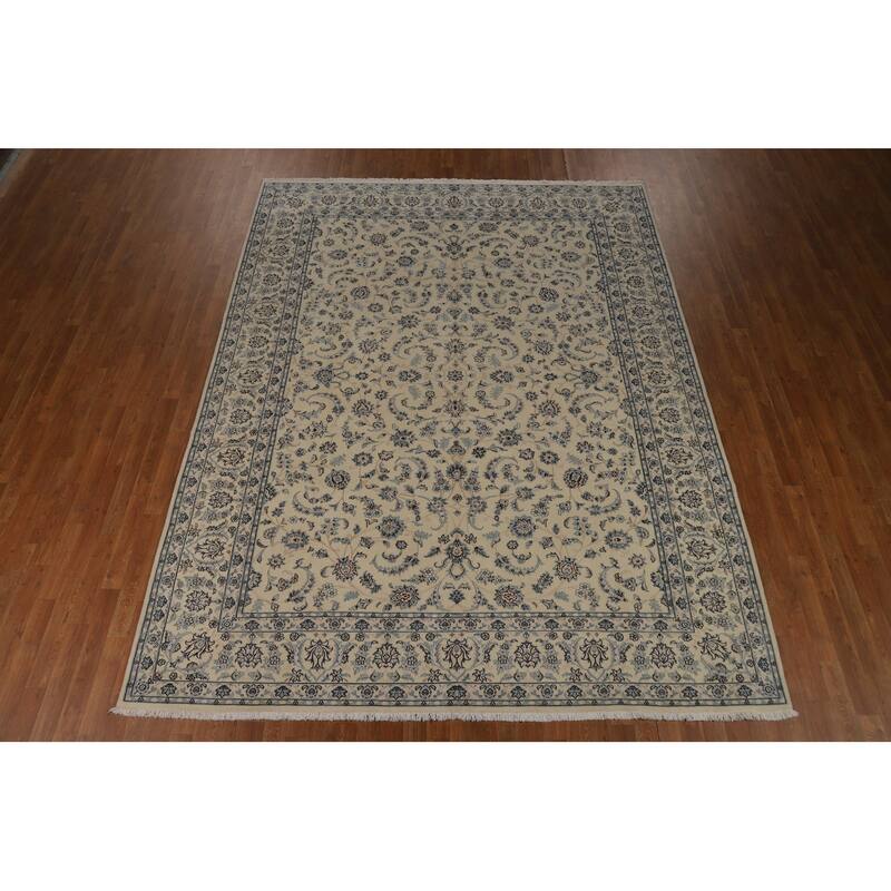 Wool & Silk Vegetable Dye Floral Nain Persian Area Rug Handmade Carpet - 8'2"x 10'9"