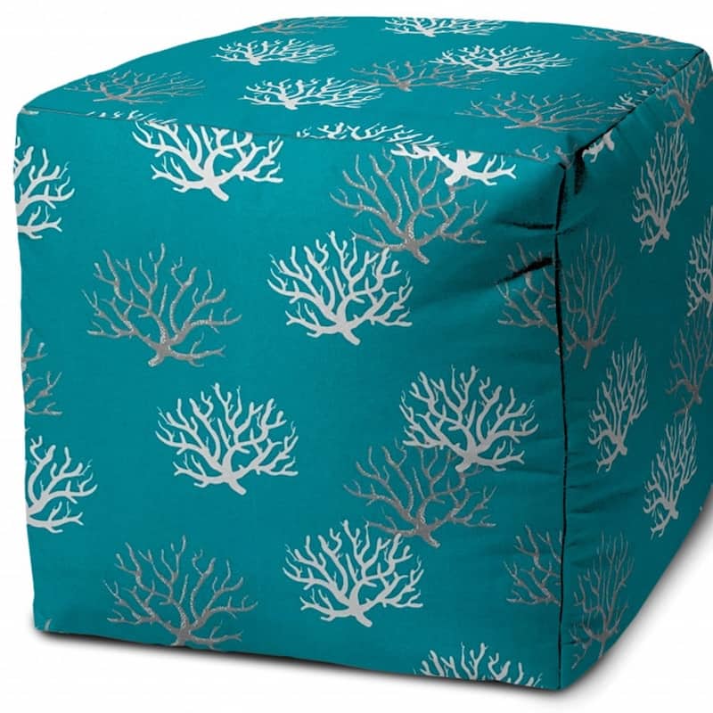 HomeRoots 17" Turquoise White and Gray Polyester Cube Coral Outdoor Pouf Ottoman - 17' X '17' X '17