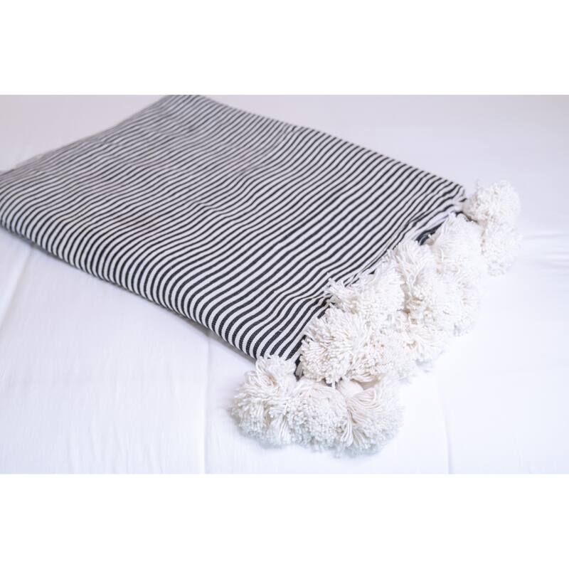 Handwoven Moroccan Blanket with Pom Pom in Black &White