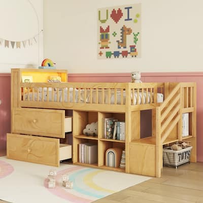Loft Bed with LED and Bookshelf, Wood Low Loft Bed with Stairs