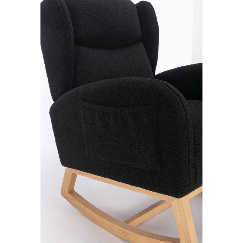 Glider Rocking Chair with Wing Back, Teddy Leisure Chair with Wood Legs, Upholstered Rocker Chair with Side Pocket