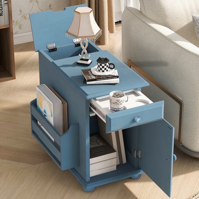 Retro Flip-Top End Table – USB Ports, Cup Holder Drawer & Bookshelf, Ideal for Small Spaces. -  Navy Blue