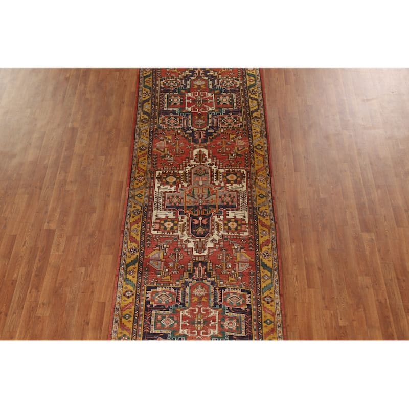 Geometric Hand-knotted Heriz Persian Vintage Runner Rug - 3'8"x 11'3"
