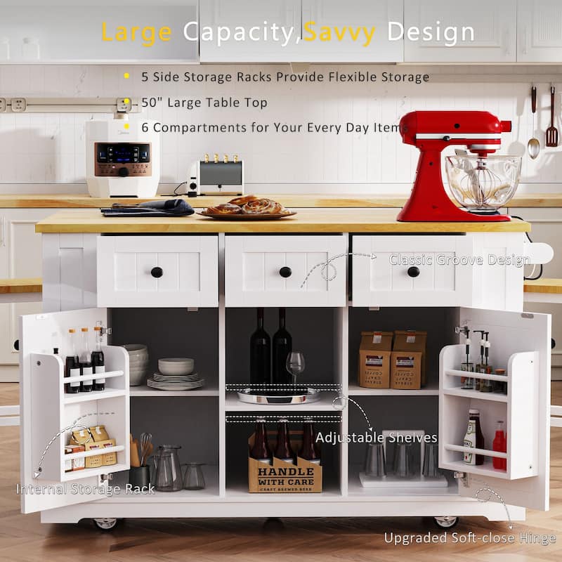 53″ Kitchen Island Cart with Power Outlet and Two Bar Stools