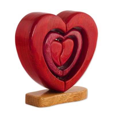 Handmade Heart Trio Wood Sculpture (Peru) - 6.5" H x 6.75" W x 2" D