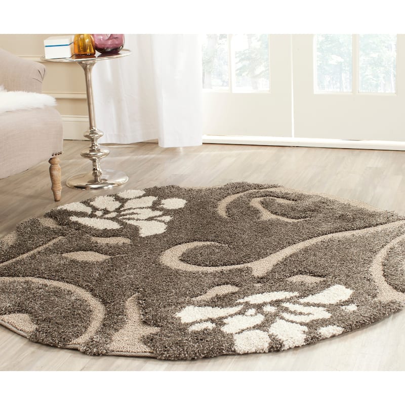 SAFAVIEH Florida Shag Nanny Floral Scroll 1.2-inch Thick Rug - 4' Round - Smoke/Beige - Round