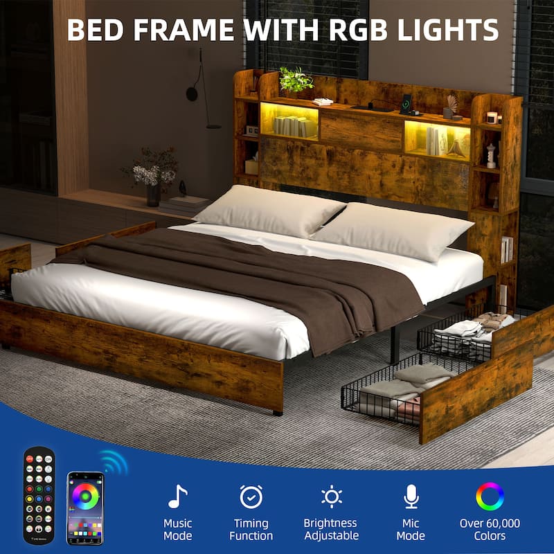 Moasis LED Bed Frame with Bookcase Headboard, 4 Storage Drawers and Type-C USB Charging Station