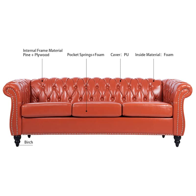 84.65" PU Leather Chesterfield Sofa with Rolled Arms (3-Seater)