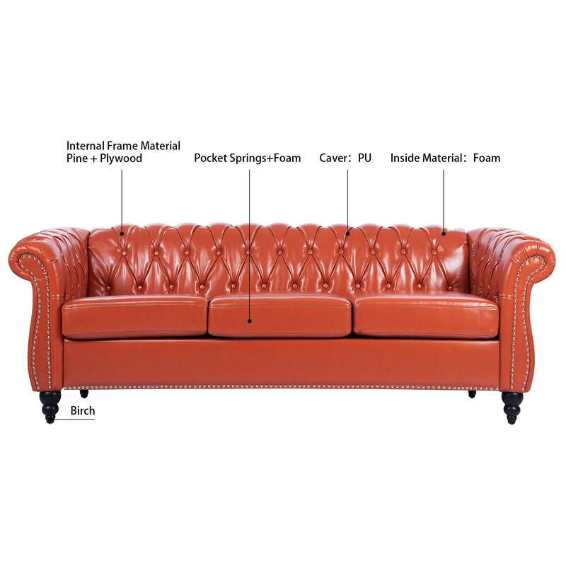 Chesterfield PU Leather 3 Seater Sofa, Button Tufted Deep Seat Sofa, Upholstered Sofa with Rolled Arms & Nailhead Trim