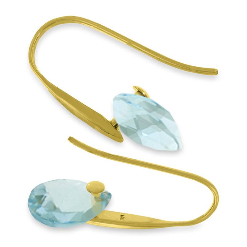 14K Solid Gold Fish Hook Earrings w/ Dangling Briolette Blue Topaz