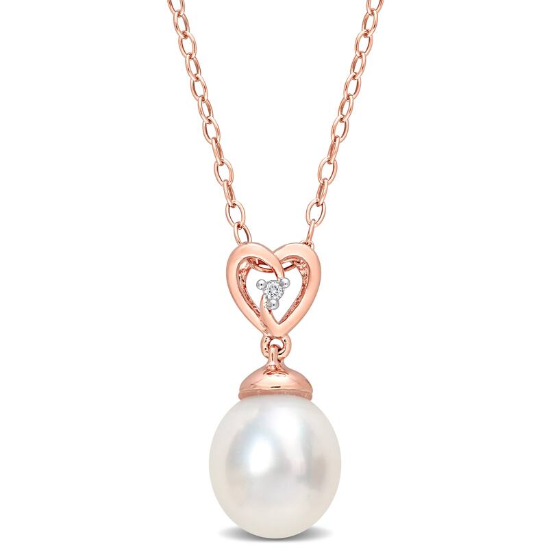 Miadora White Topaz and 8-9mm White South Sea Cultured Pearl Heart Pendant with Chain Pink Silver
