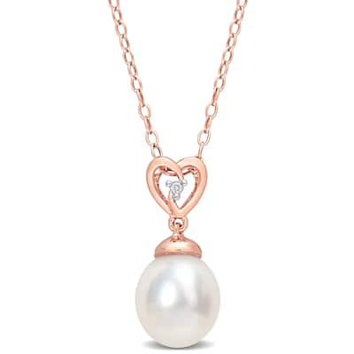 Miadora White Topaz and 8-9mm White South Sea Cultured Pearl Heart Pendant with Chain Pink Silver