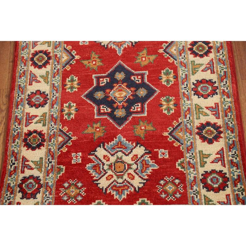 Red Geometric Kazak Oriental Accent Rug Hand-Knotted Wool Carpet - 2'0" x 3'0"