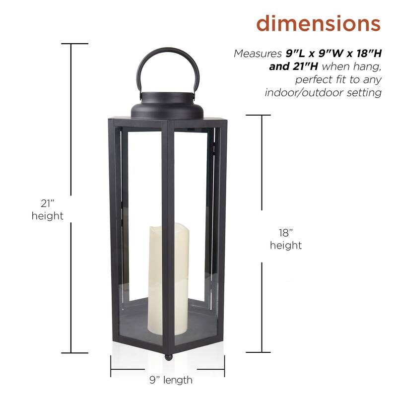 Alpine Corporation 18" Tall Outdoor Hexagonal Battery-Operated Metal Lantern with LED Lights, Black