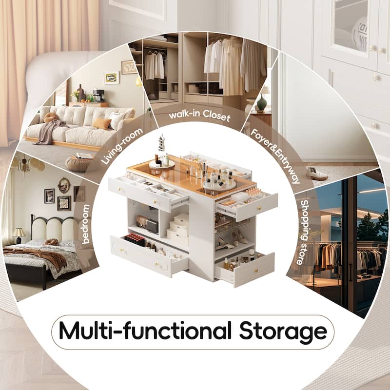 Closet Island with 6 Drawers, Wardrobe Armoire Bedroom Island with Glass Display Top and Open Shelves, Jewelry Storage