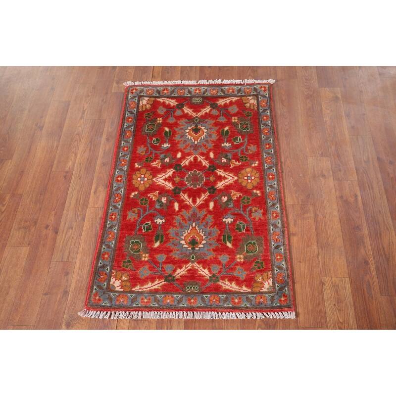 Hand Knotted Oriental 100% Wool Carpet Traditional Floral Red Kazak Area Rug - 3' 1'' X 2' 1''