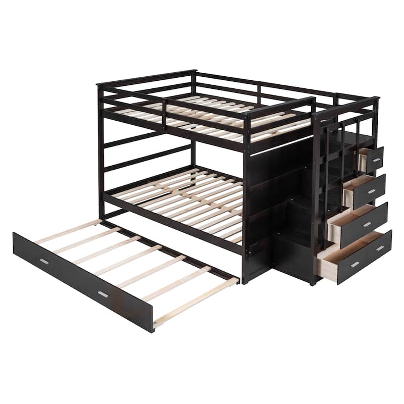 Space-Saving Twin-Over-Twin Bunk Bed with Multifunctional Staircase and Trundle