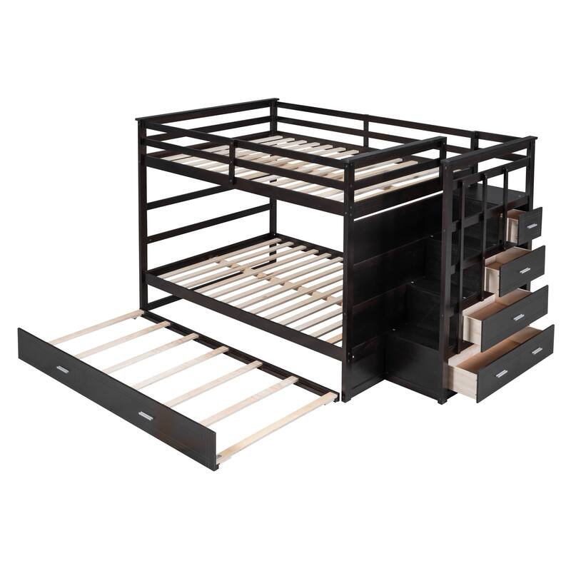 Twin-Over-Twin Bunk Bed with Trundle and Storage Drawers, Sturdy Wood Frame