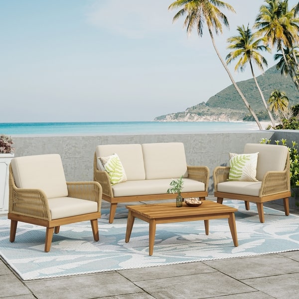 slide 2 of 11, Annisa Outdoor Acacia Wood Chat Set by Christopher Knight Home Light Brown/ Teak/ Beige