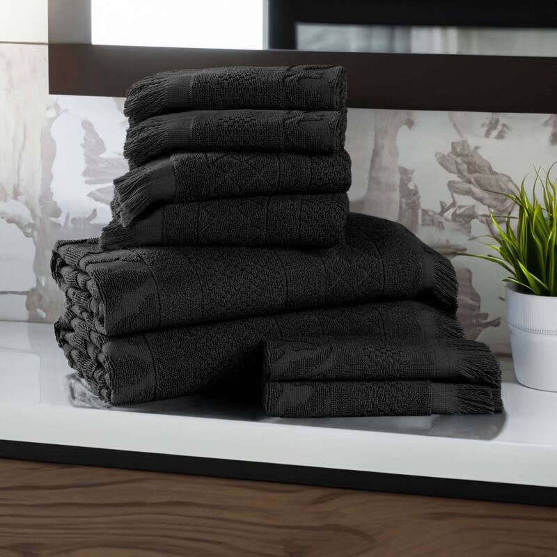 Superior Rolla Cotton Geometric Jacquard Plush Soft 8 Piece Towel Set - Black