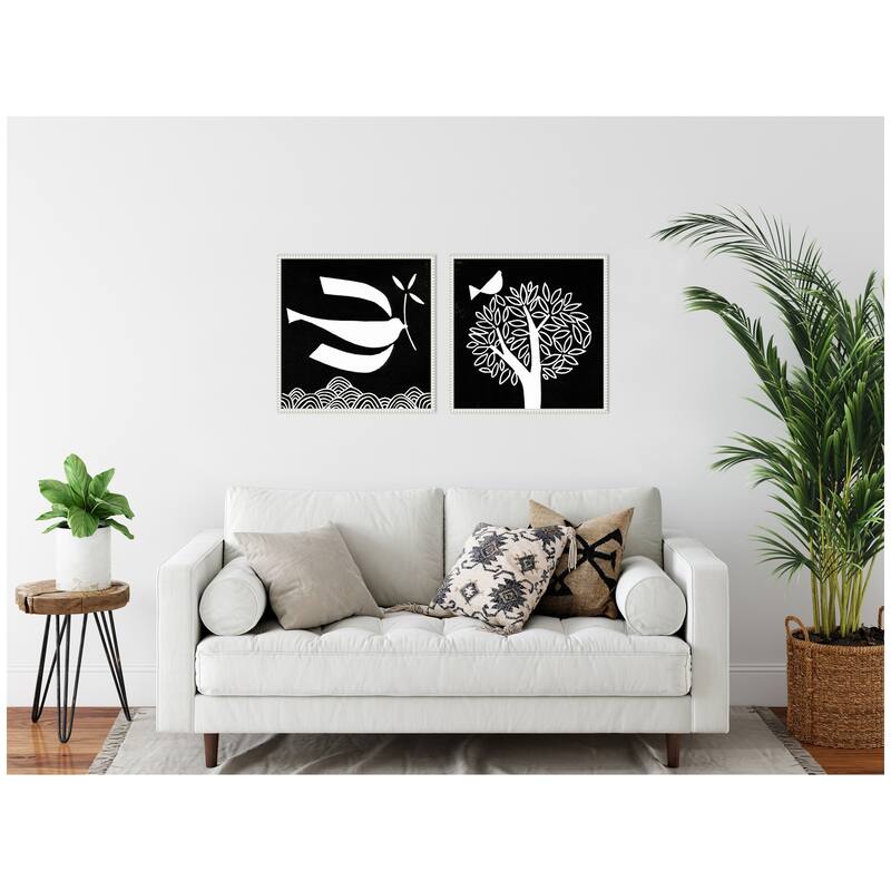 Kate and Laurel Sylvie Beaded Black and White Linocut Birds Framed Canvas Art Set by Giuliana Lazzerini