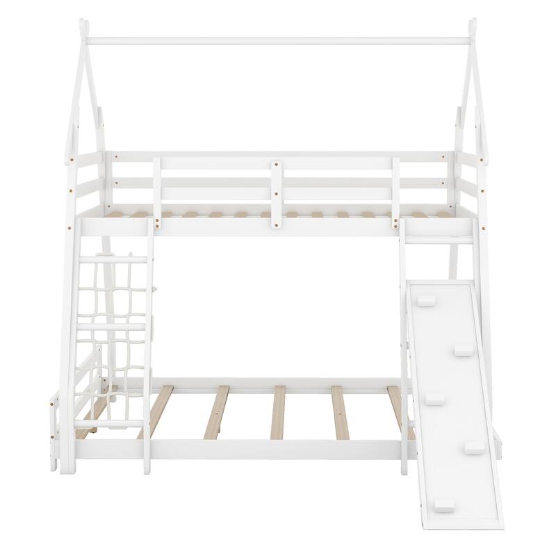 Twin Over Queen Bunk Bed Frame with Climbing Nets and Climbing Ramp
