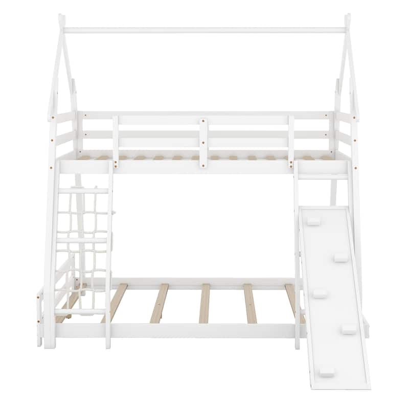 Twin over Queen Size Wooden Bunk Bed, Solid Pinewood House Shaped Bunk Bed Frame with Climbing Nets and Climbing Ramp