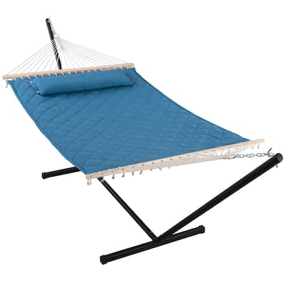Double Hammock with 12 Feet Heavy Duty Steel Stand Combo, 2 Person Quilted Fabric Hammocks with Stand,450 LBS Weight Capacity