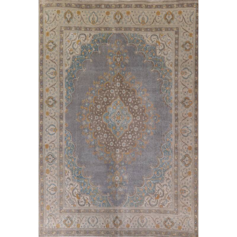Hand Knotted Oriental 100% Wool Carpet Traditional Medallion Greys & Charcoal Tabriz Area Rug - 12' 8'' X 9' 6''